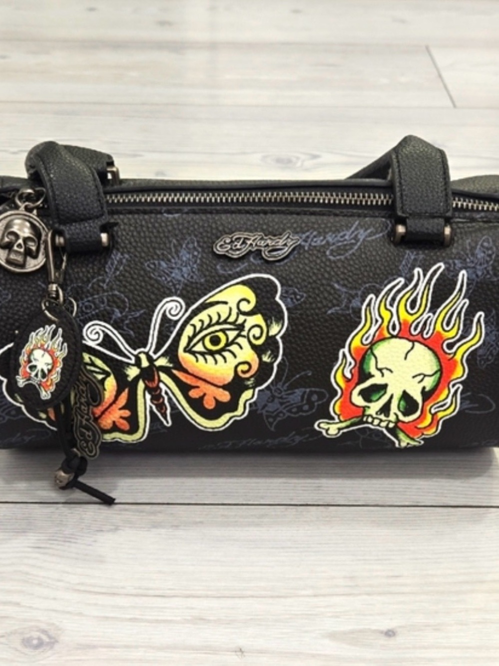 Ed Hardy Black Mini Barrel Bag with Neon Skull & Butterfly Motifs